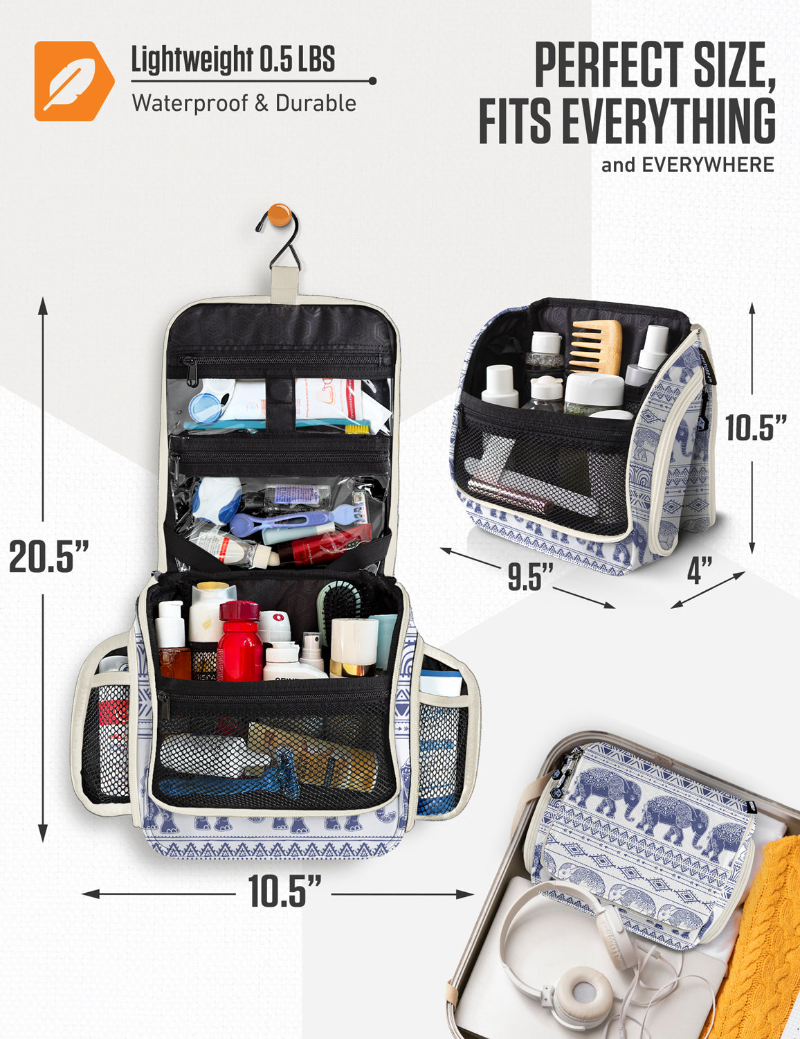 Hanging Travel Toiletry Bag | TSA-Ready, Water-Resistant with 360° Swivel Hook