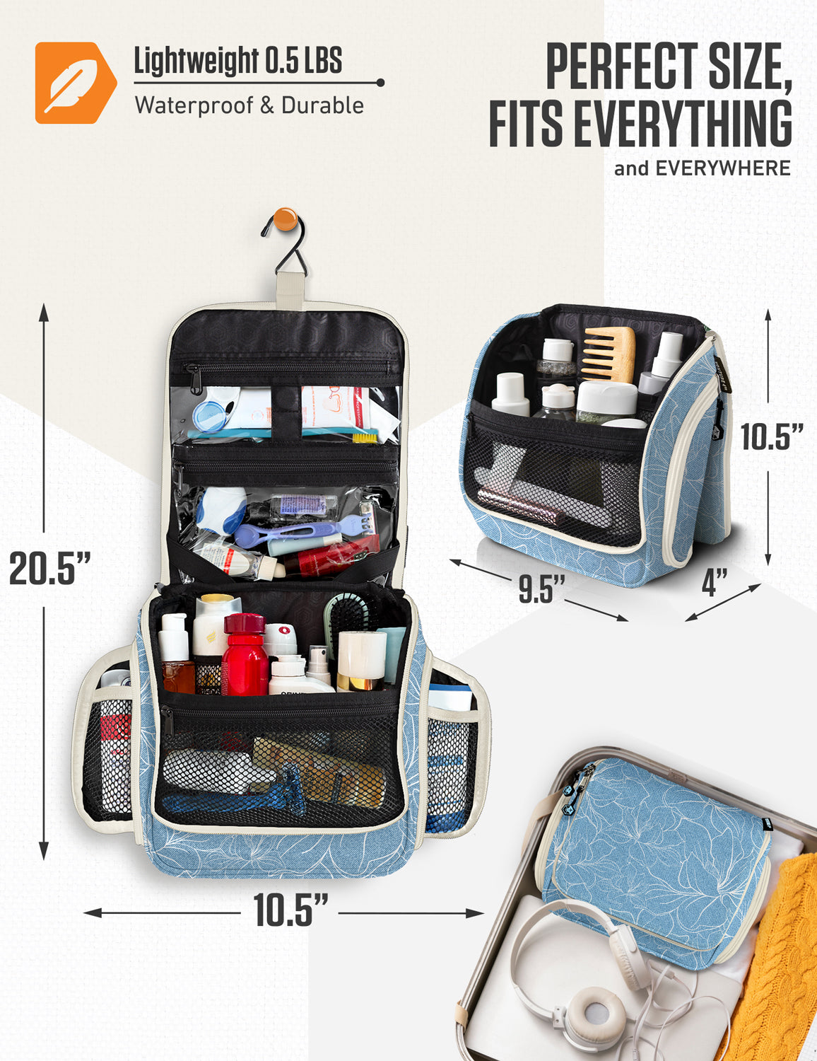 Hanging Travel Toiletry Bag | TSA-Ready, Water-Resistant with 360° Swivel Hook