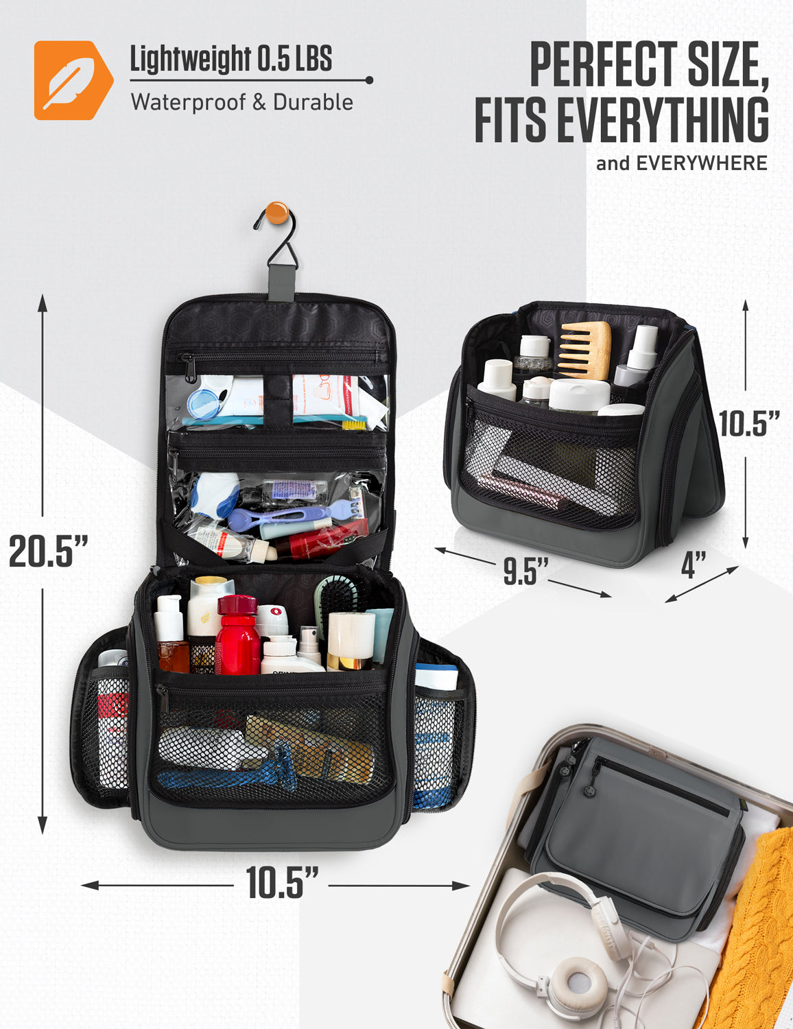 Hanging Travel Toiletry Bag | TSA-Ready, Water-Resistant with 360° Swivel Hook