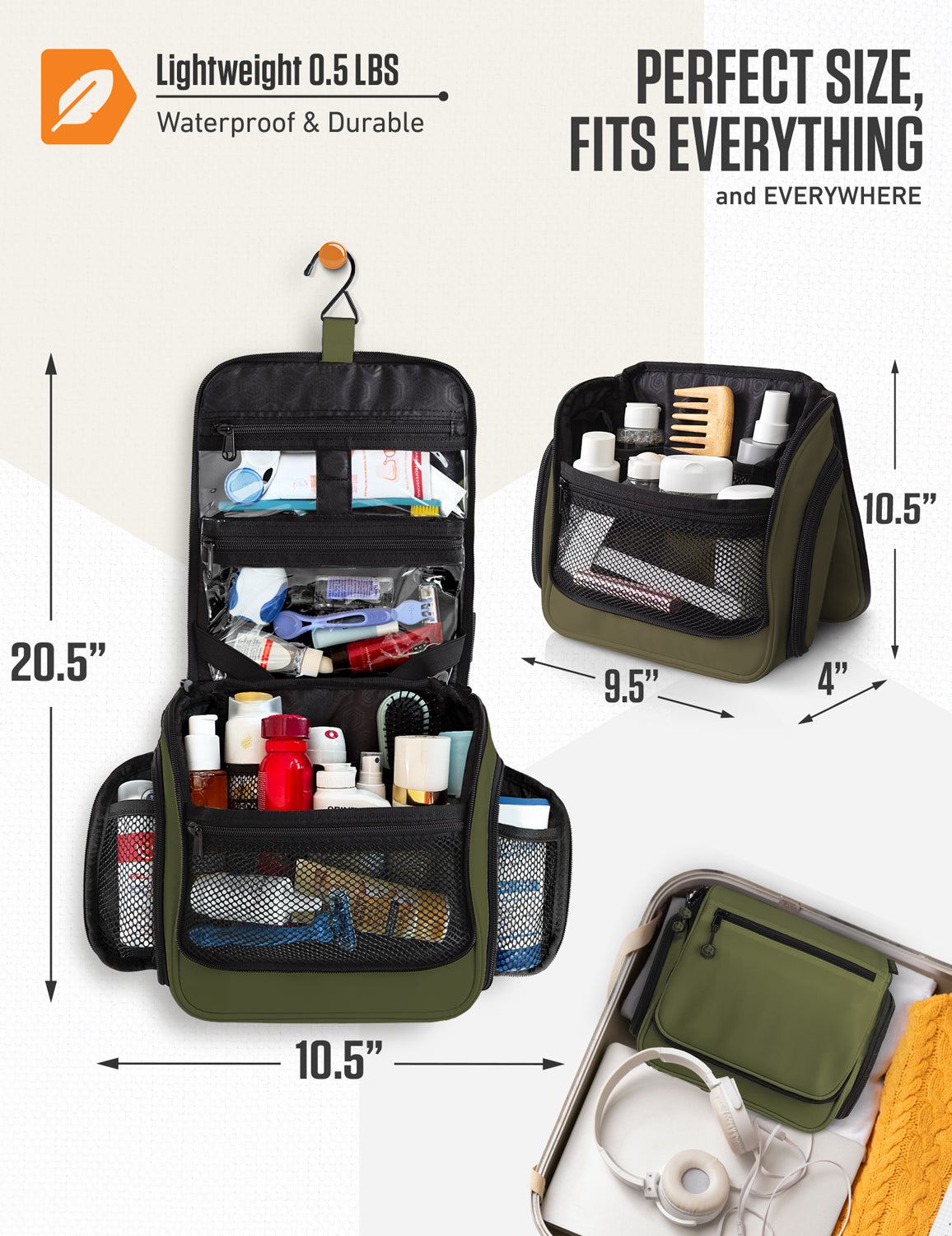 Hanging Travel Toiletry Bag | TSA-Ready, Water-Resistant with 360° Swivel Hook