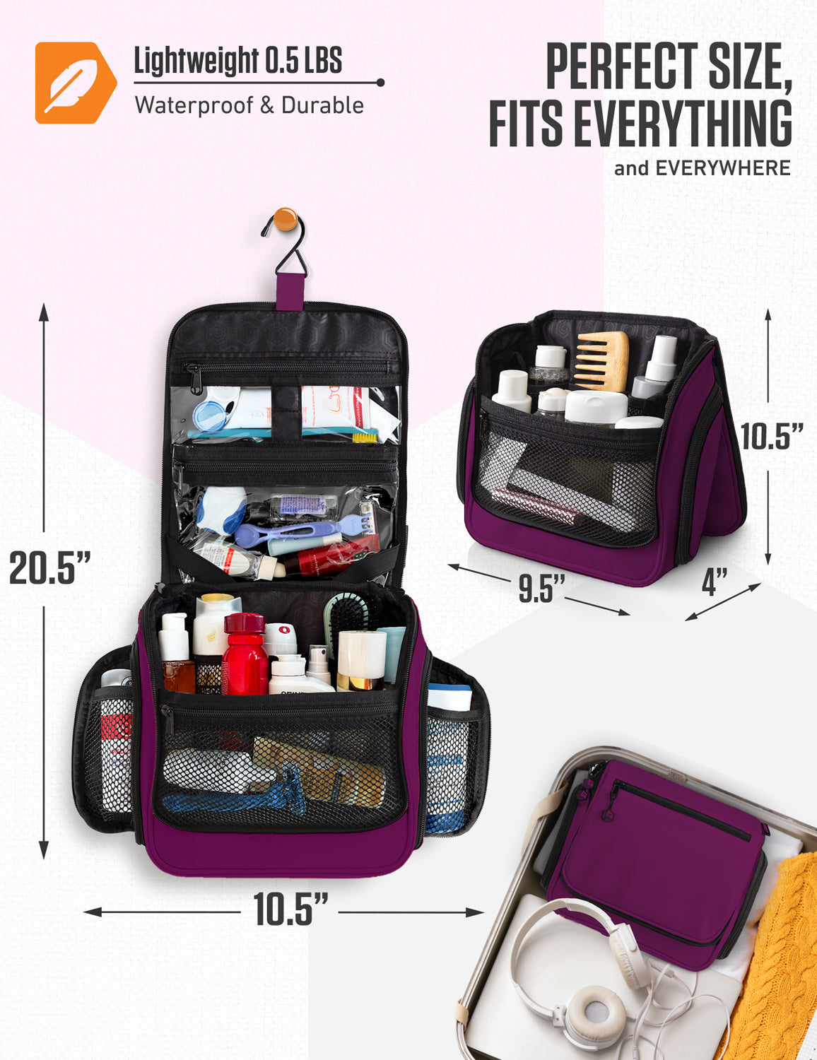 Hanging Travel Toiletry Bag | TSA-Ready, Water-Resistant with 360° Swivel Hook