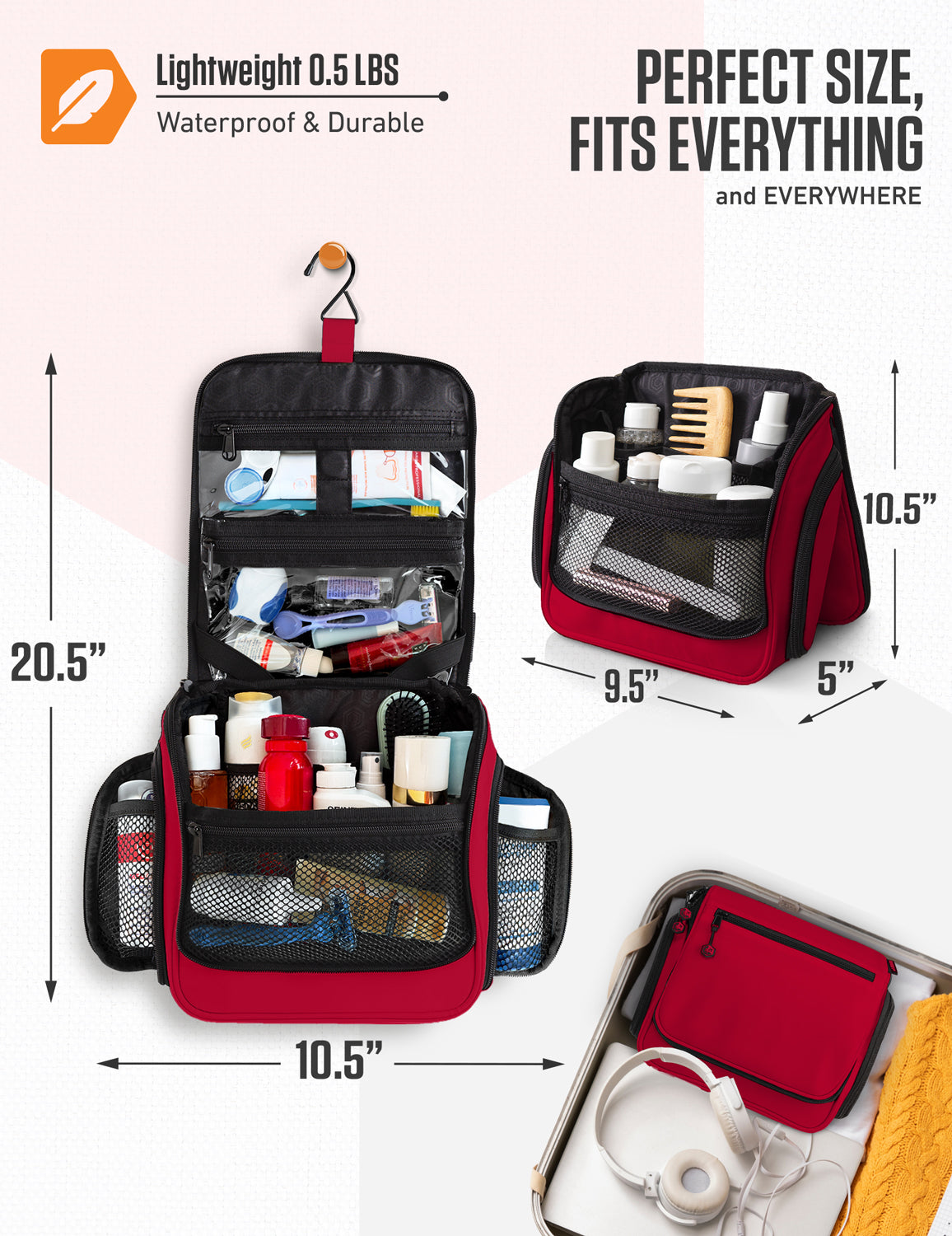 Hanging Travel Toiletry Bag | TSA-Ready, Water-Resistant with 360° Swivel Hook