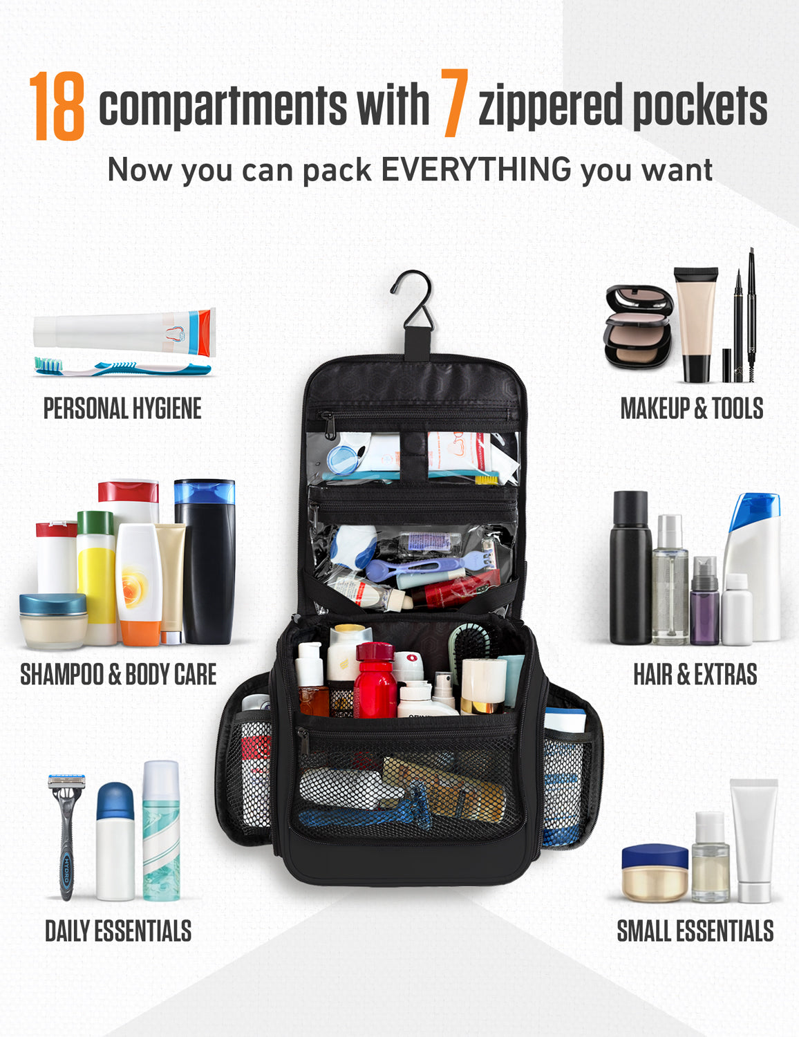 Hanging Travel Toiletry Bag | TSA-Ready, Water-Resistant with 360° Swivel Hook