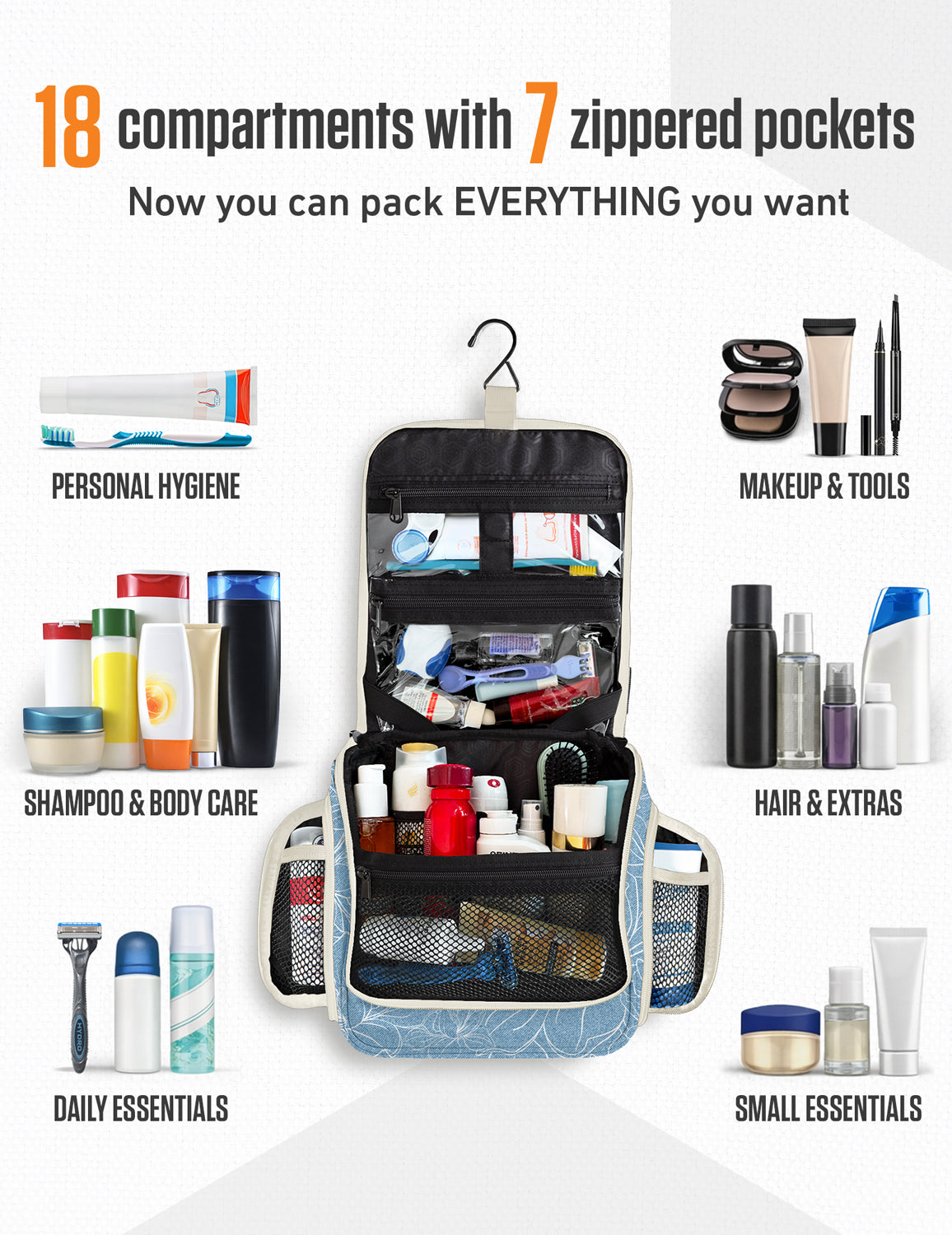 Hanging Travel Toiletry Bag | TSA-Ready, Water-Resistant with 360° Swivel Hook