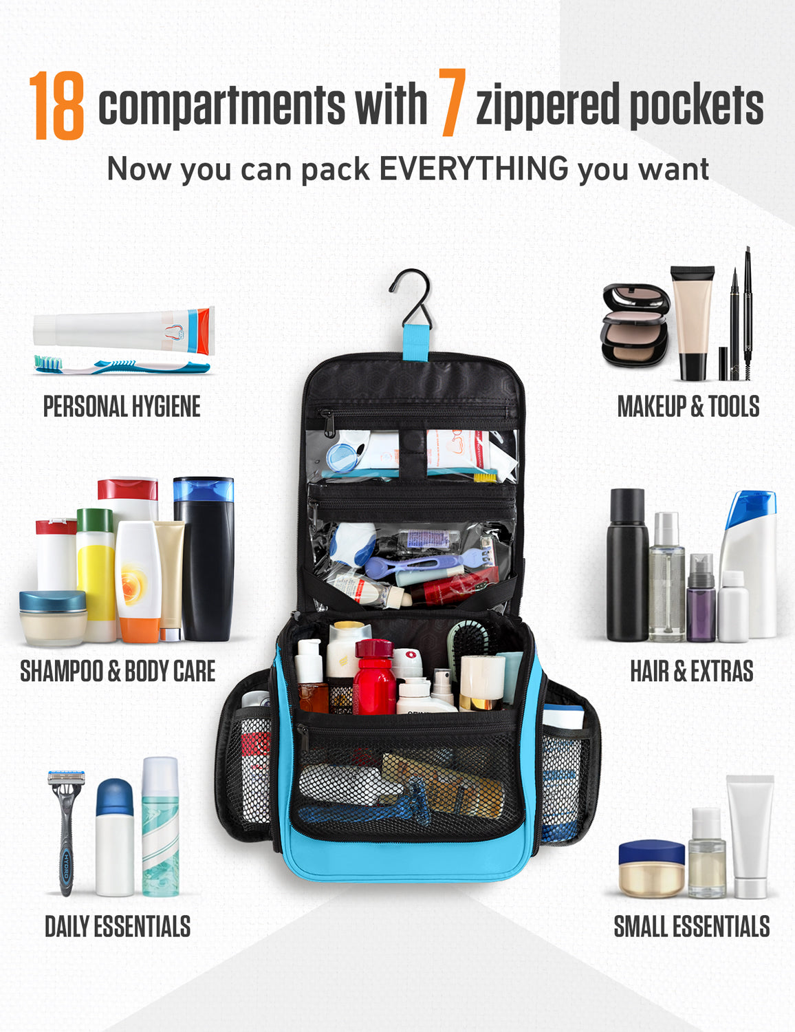 Hanging Travel Toiletry Bag | TSA-Ready, Water-Resistant with 360° Swivel Hook