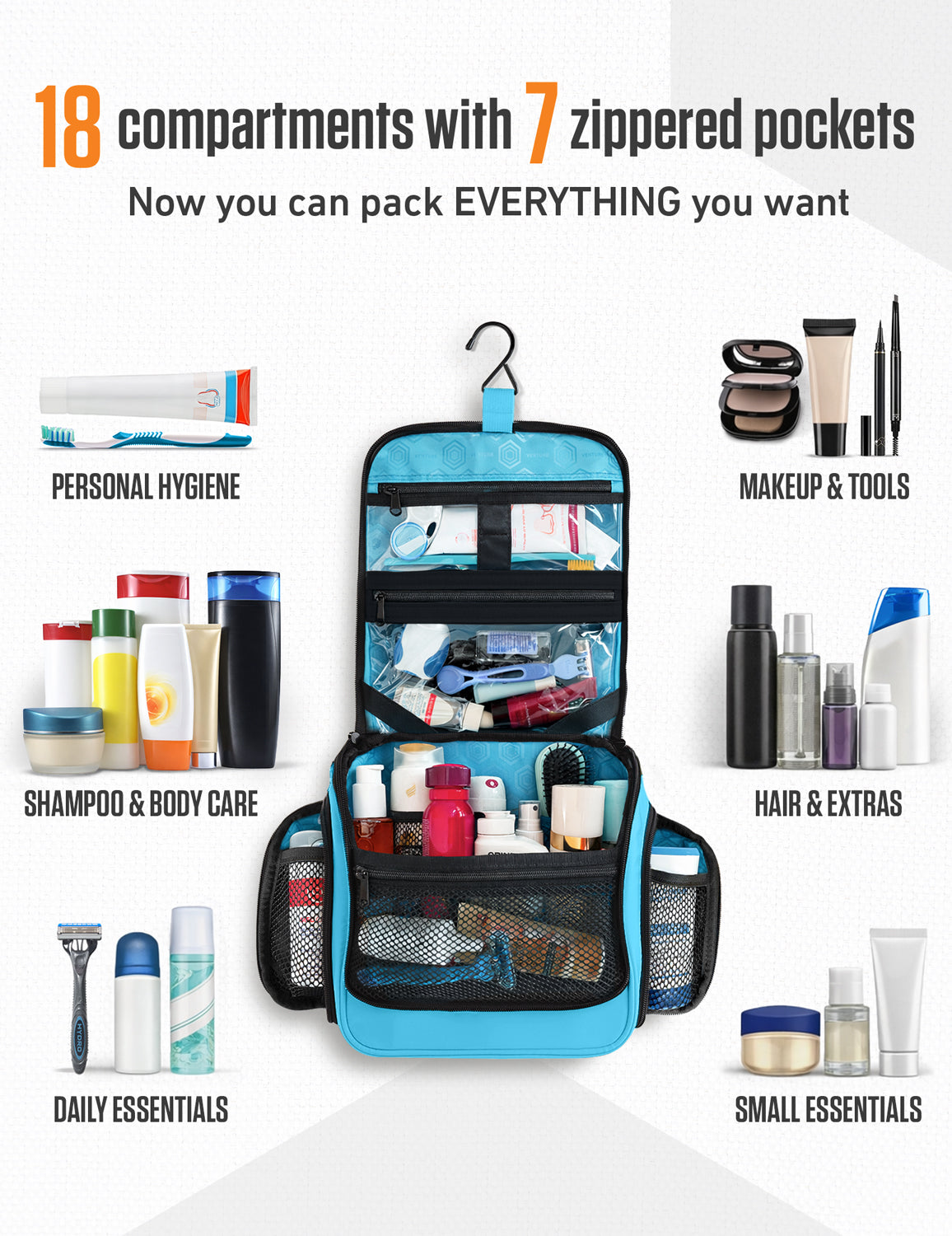Hanging Travel Toiletry Bag | TSA-Ready, Water-Resistant with 360° Swivel Hook