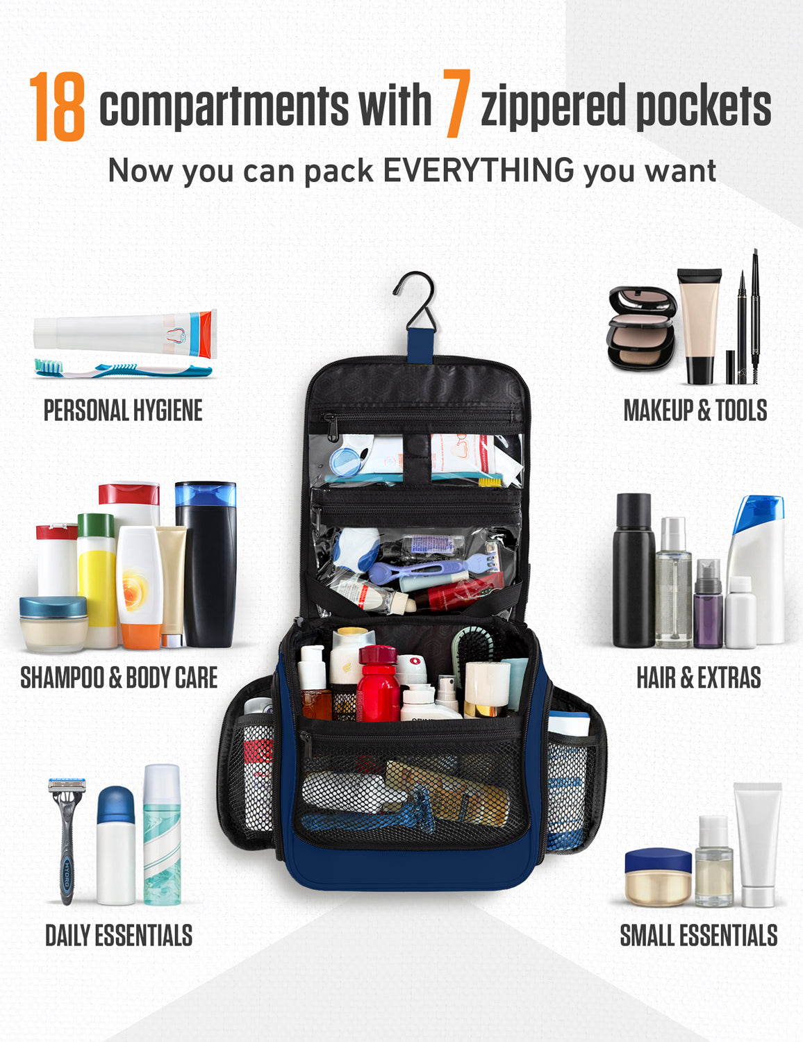 Hanging Travel Toiletry Bag | TSA-Ready, Water-Resistant with 360° Swivel Hook