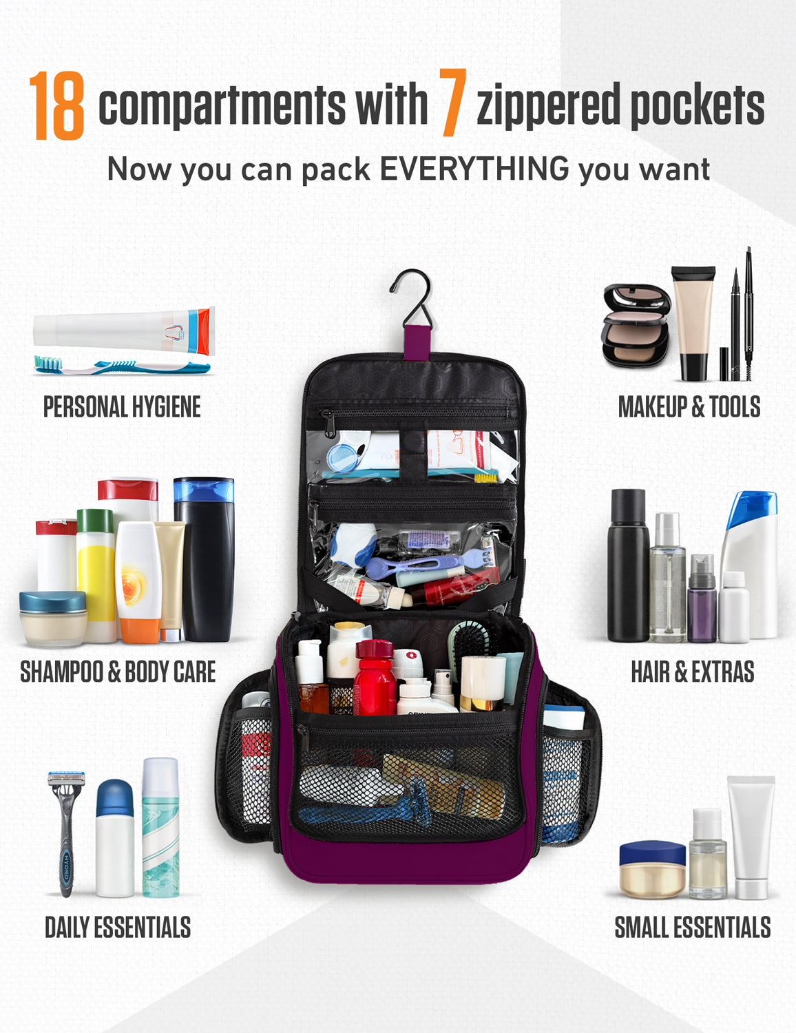 Hanging Travel Toiletry Bag | TSA-Ready, Water-Resistant with 360° Swivel Hook