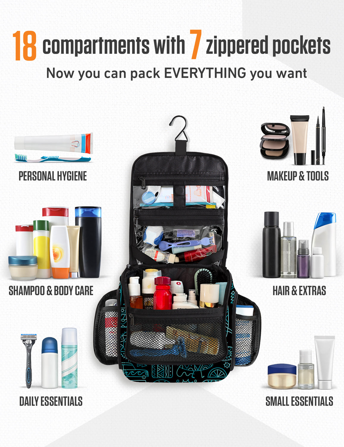 Hanging Travel Toiletry Bag | TSA-Ready, Water-Resistant with 360° Swivel Hook