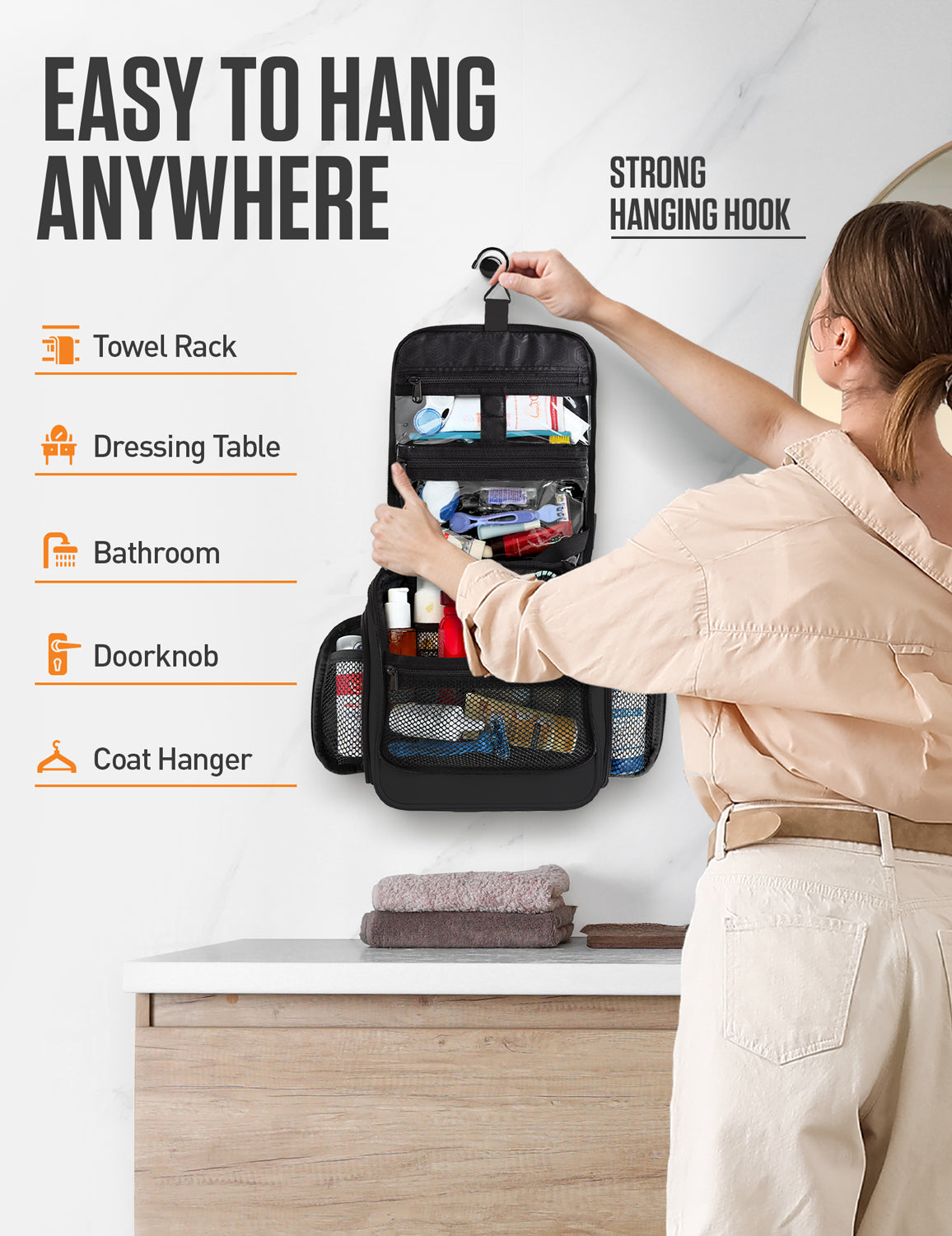 Hanging Travel Toiletry Bag | TSA-Ready, Water-Resistant with 360° Swivel Hook