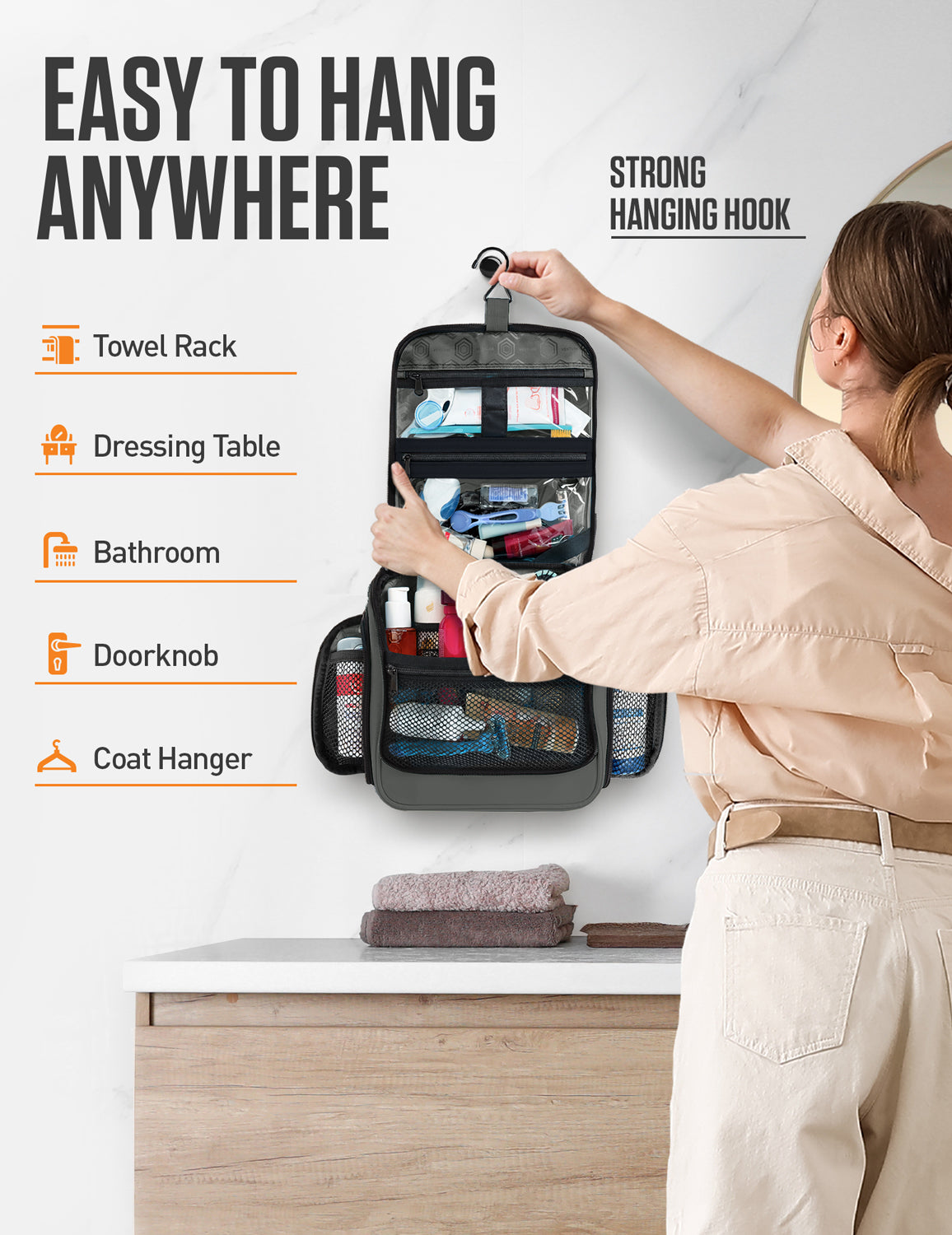 Hanging Travel Toiletry Bag | TSA-Ready, Water-Resistant with 360° Swivel Hook