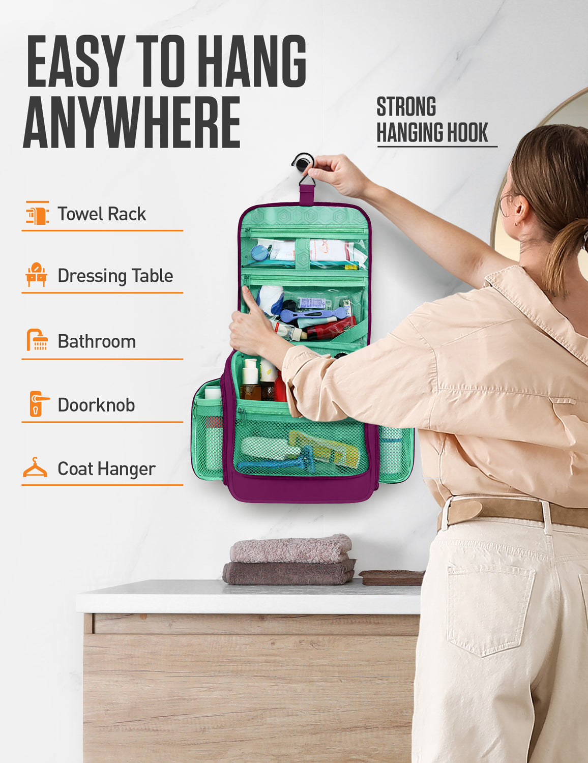 Hanging Travel Toiletry Bag | TSA-Ready, Water-Resistant with 360° Swivel Hook