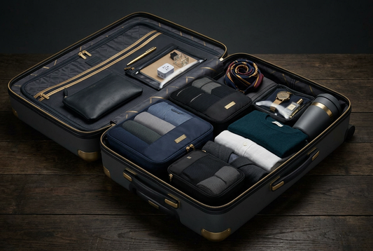 Open suitcase neatly packed with travel layers, packing cubes, and a travel cup
