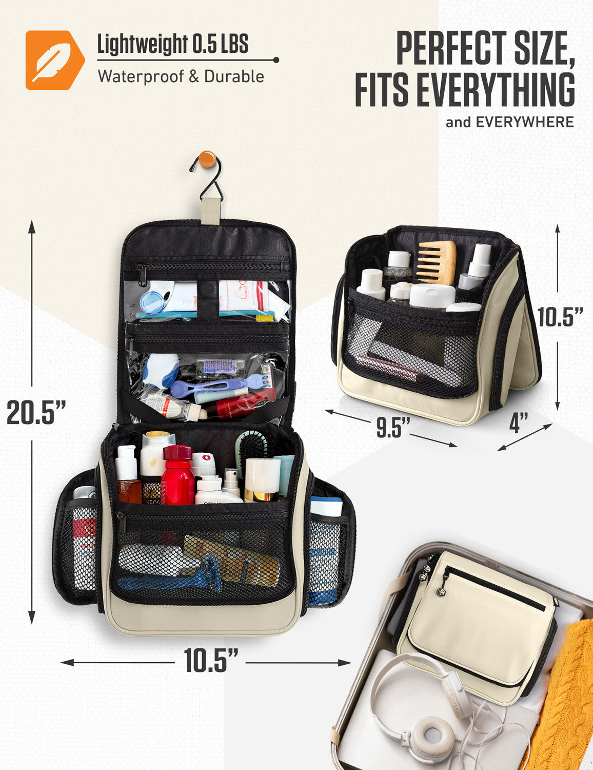 Hanging Travel Toiletry Bag | TSA-Ready, Water-Resistant with 360° Swivel Hook