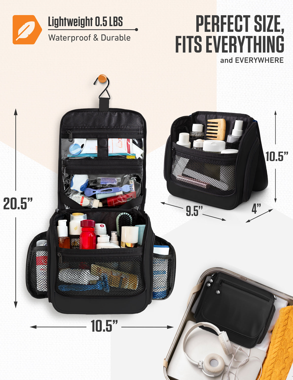Hanging Travel Toiletry Bag | TSA-Ready, Water-Resistant with 360° Swivel Hook