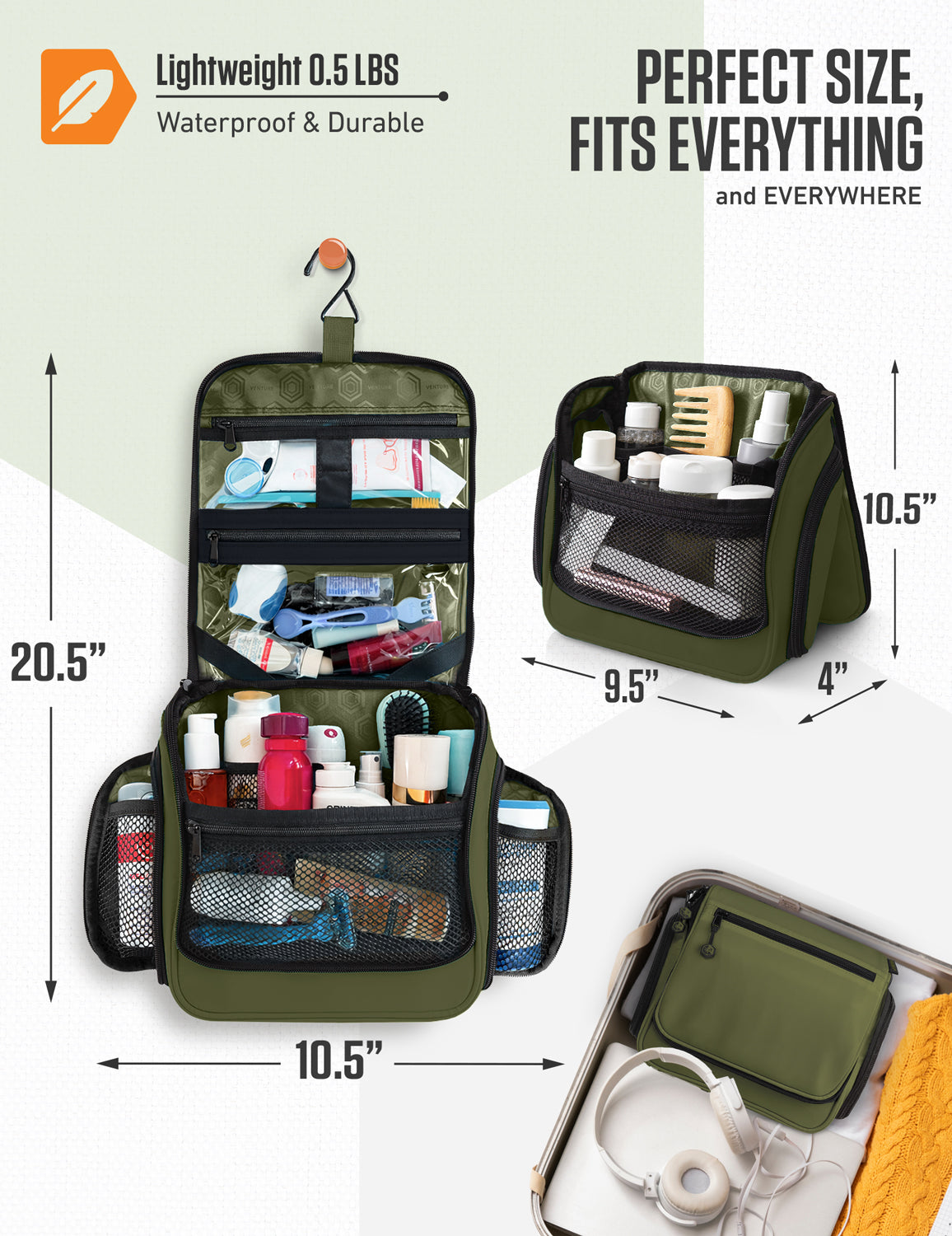 Hanging Travel Toiletry Bag | TSA-Ready, Water-Resistant with 360° Swivel Hook