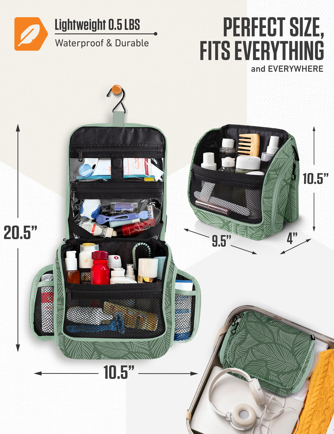 Hanging Travel Toiletry Bag | TSA-Ready, Water-Resistant with 360° Swivel Hook