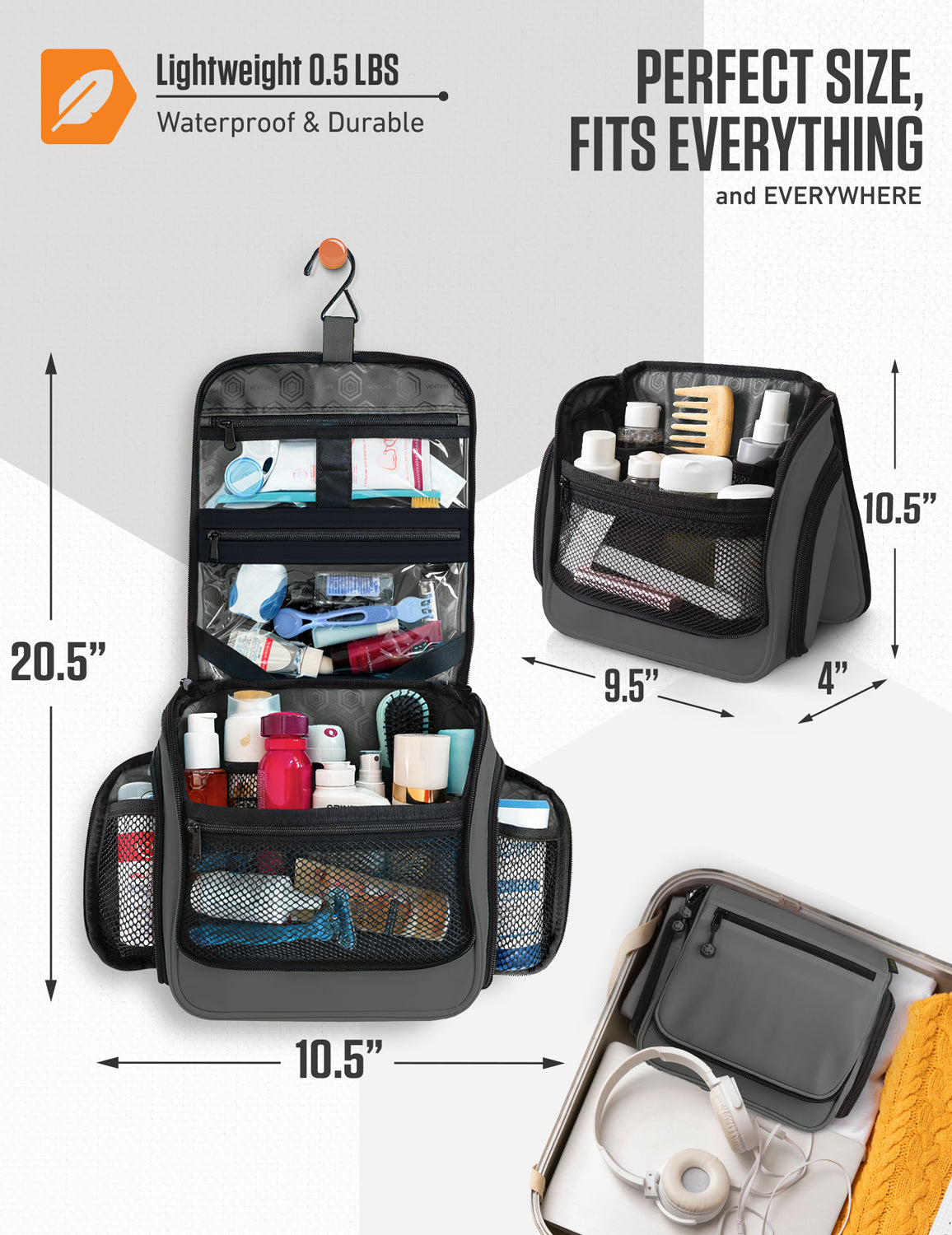 Hanging Travel Toiletry Bag | TSA-Ready, Water-Resistant with 360° Swivel Hook