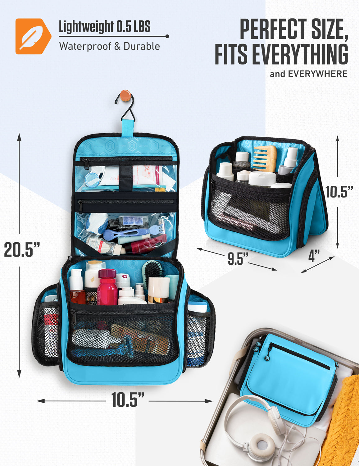 Hanging Travel Toiletry Bag | TSA-Ready, Water-Resistant with 360° Swivel Hook
