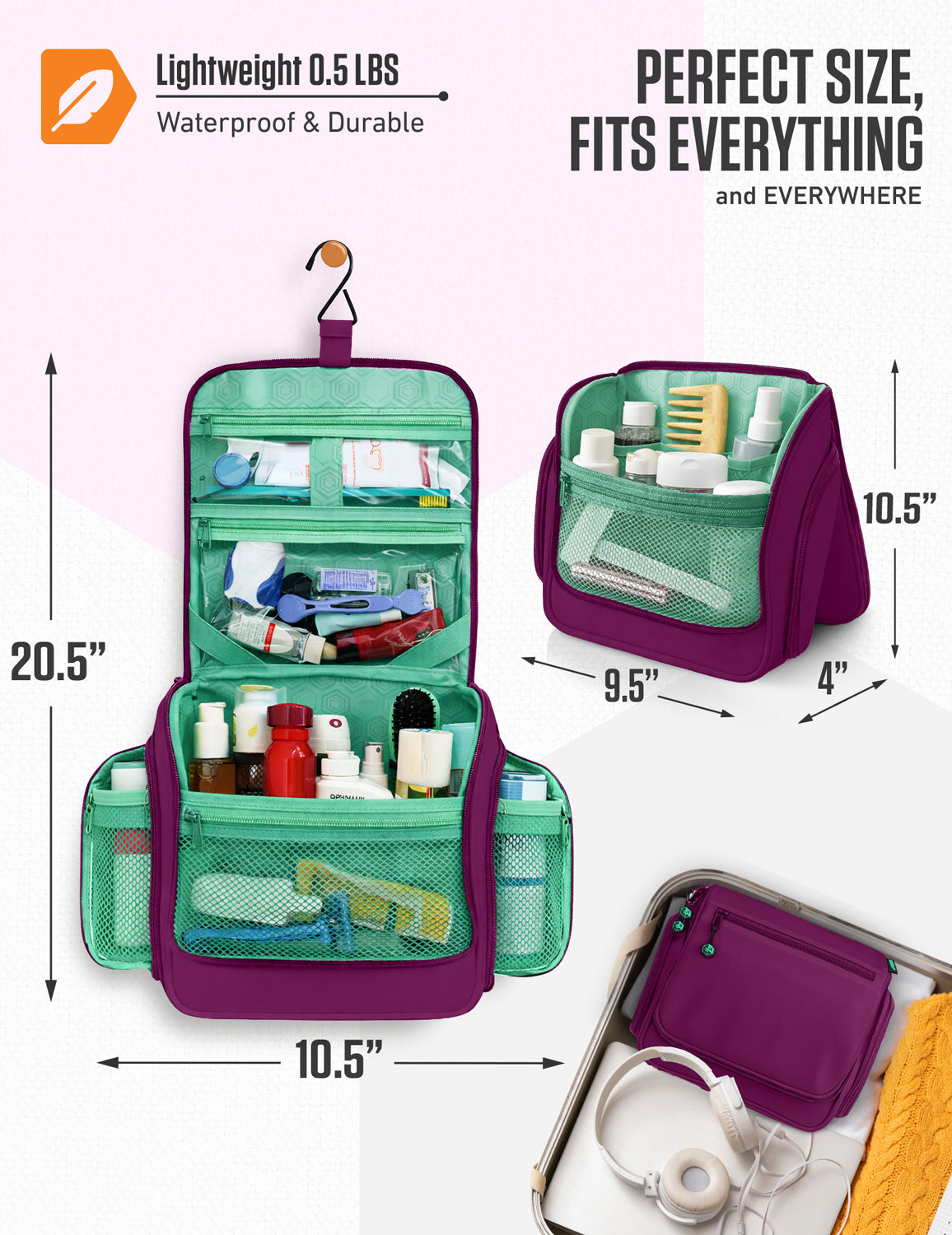 Hanging Travel Toiletry Bag | TSA-Ready, Water-Resistant with 360° Swivel Hook