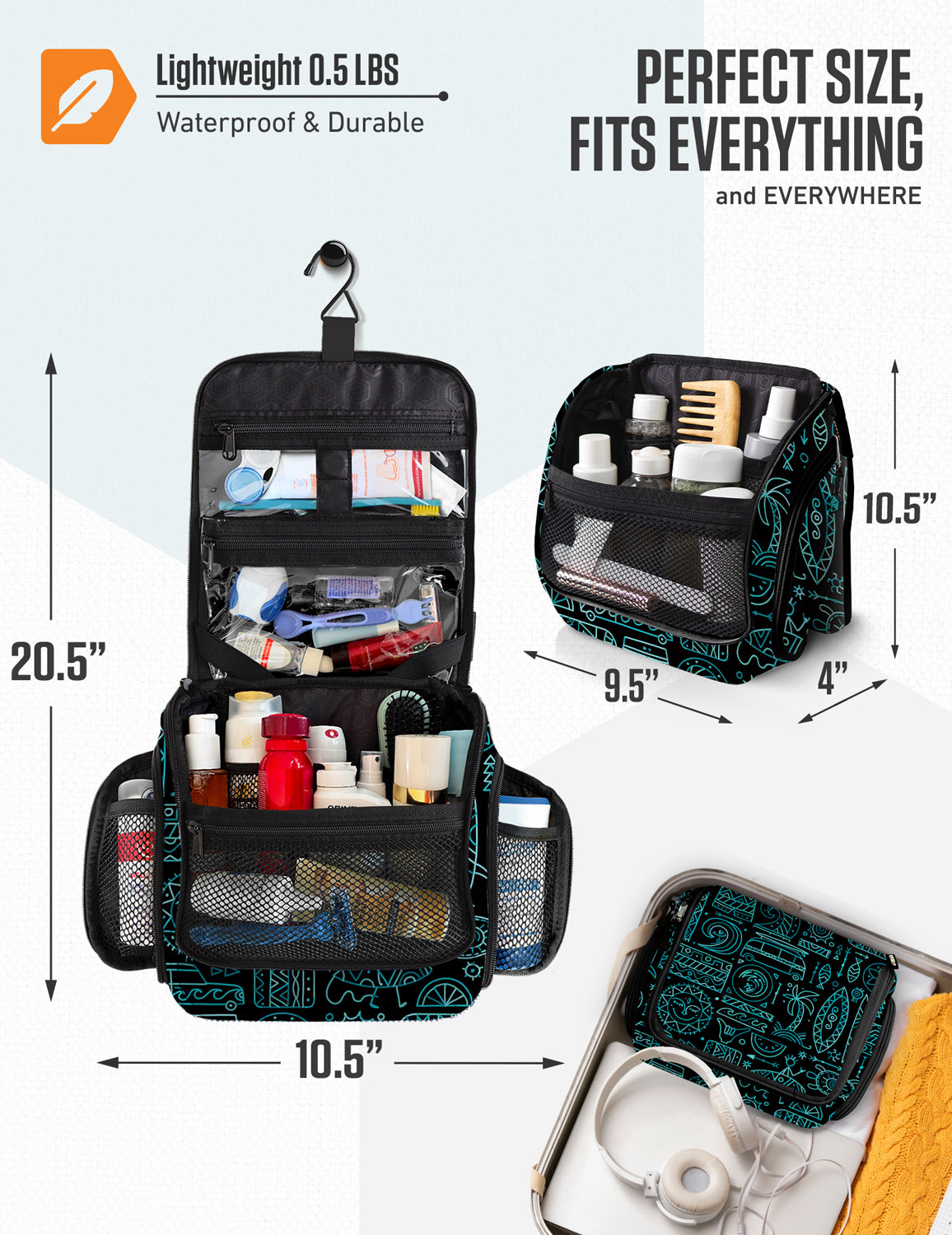 Hanging Travel Toiletry Bag | TSA-Ready, Water-Resistant with 360° Swivel Hook