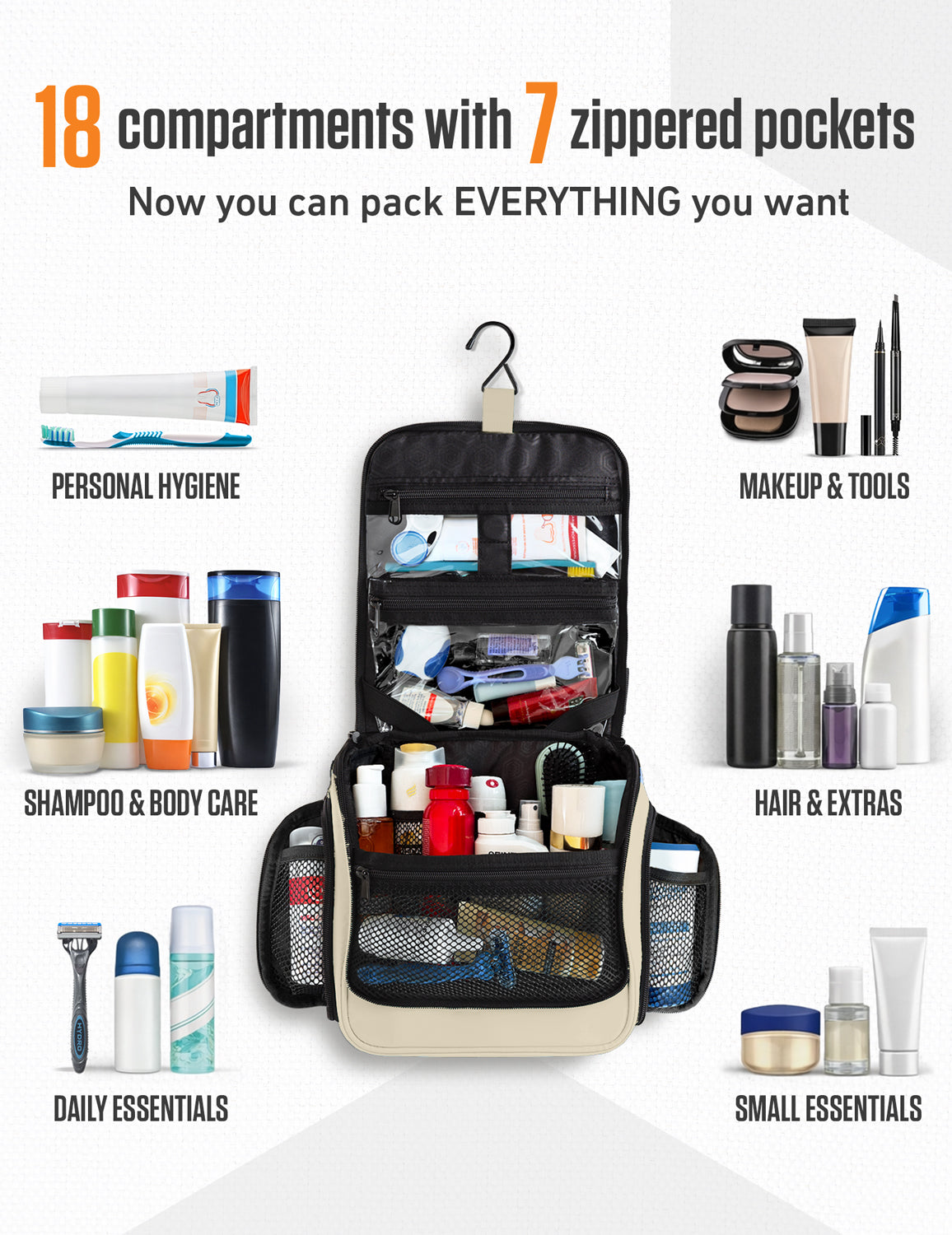Hanging Travel Toiletry Bag | TSA-Ready, Water-Resistant with 360° Swivel Hook