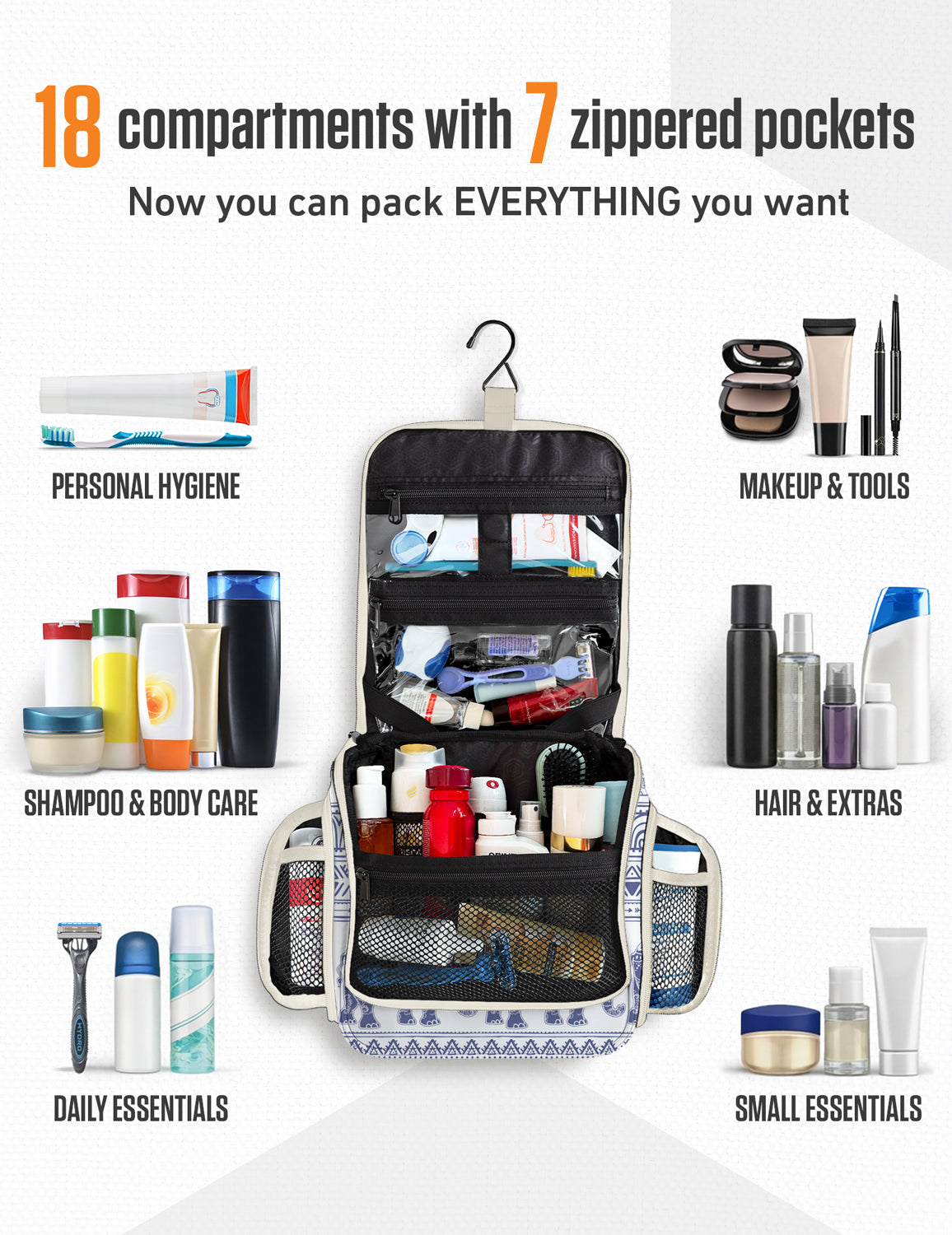 Hanging Travel Toiletry Bag | TSA-Ready, Water-Resistant with 360° Swivel Hook