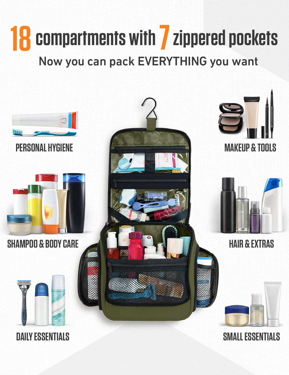 Hanging Travel Toiletry Bag | TSA-Ready, Water-Resistant with 360° Swivel Hook
