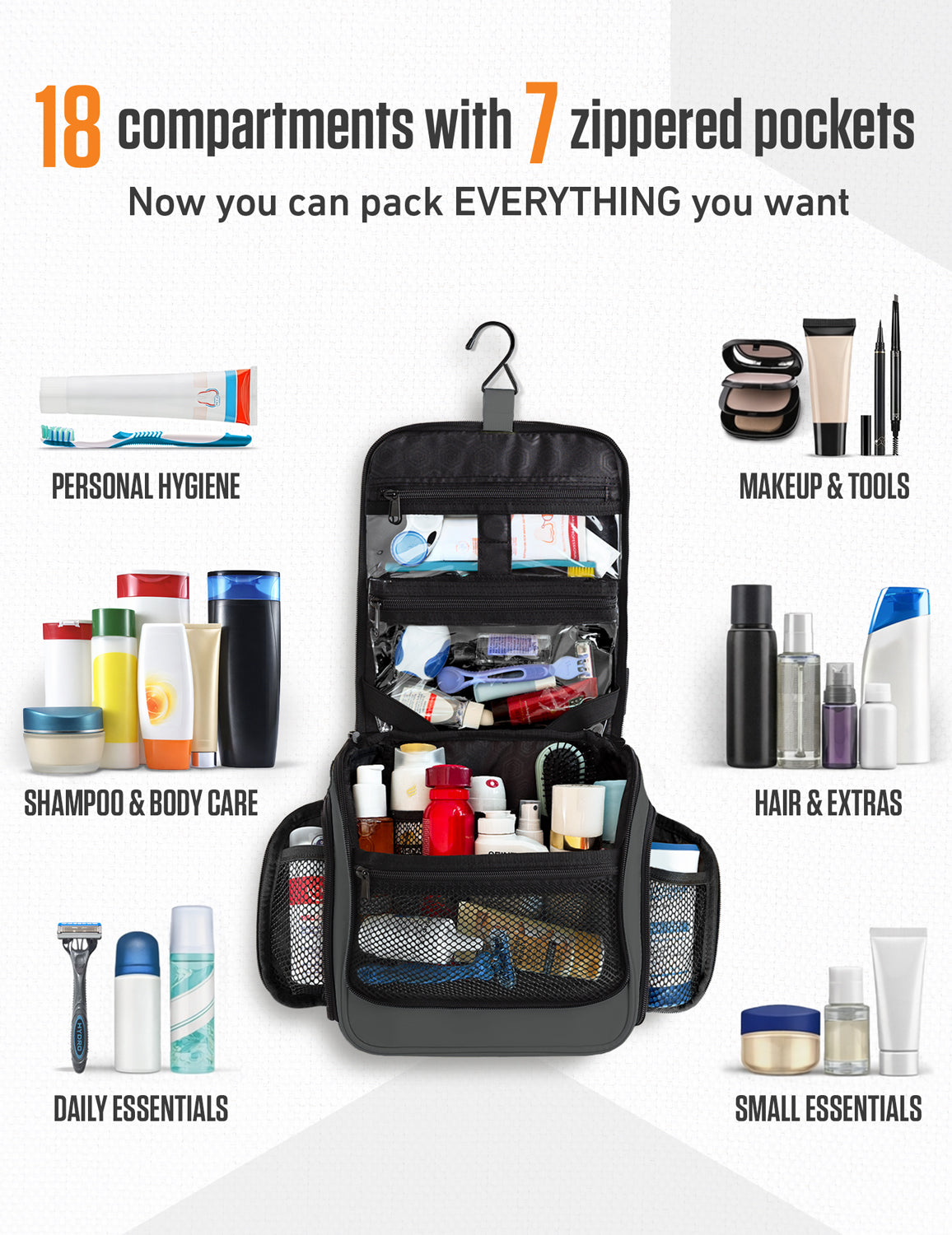 Hanging Travel Toiletry Bag | TSA-Ready, Water-Resistant with 360° Swivel Hook