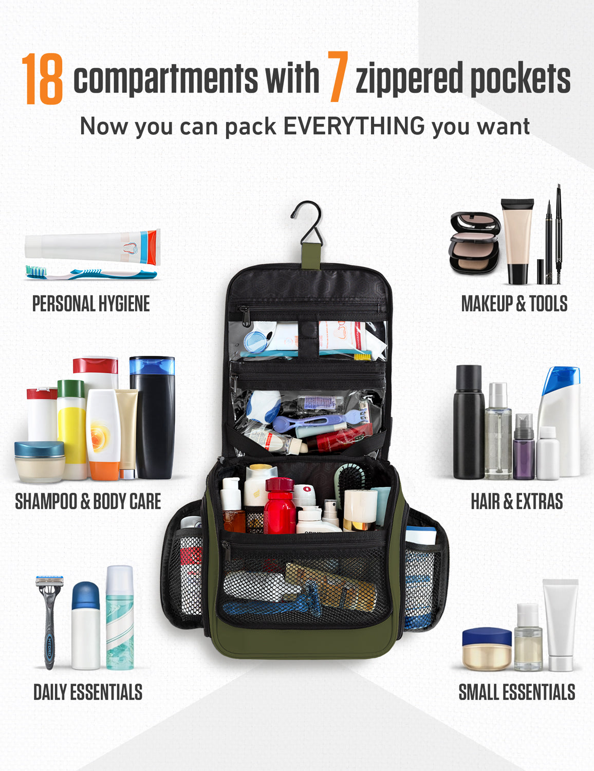 Hanging Travel Toiletry Bag | TSA-Ready, Water-Resistant with 360° Swivel Hook