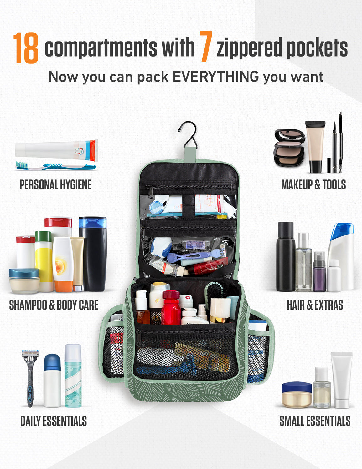 Hanging Travel Toiletry Bag | TSA-Ready, Water-Resistant with 360° Swivel Hook