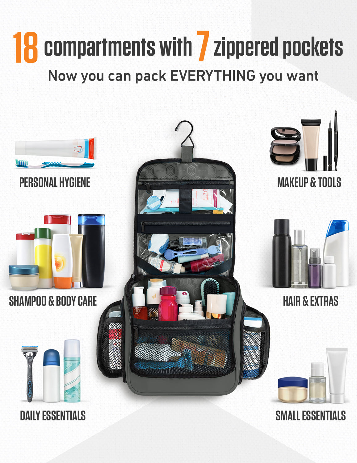 Hanging Travel Toiletry Bag | TSA-Ready, Water-Resistant with 360° Swivel Hook