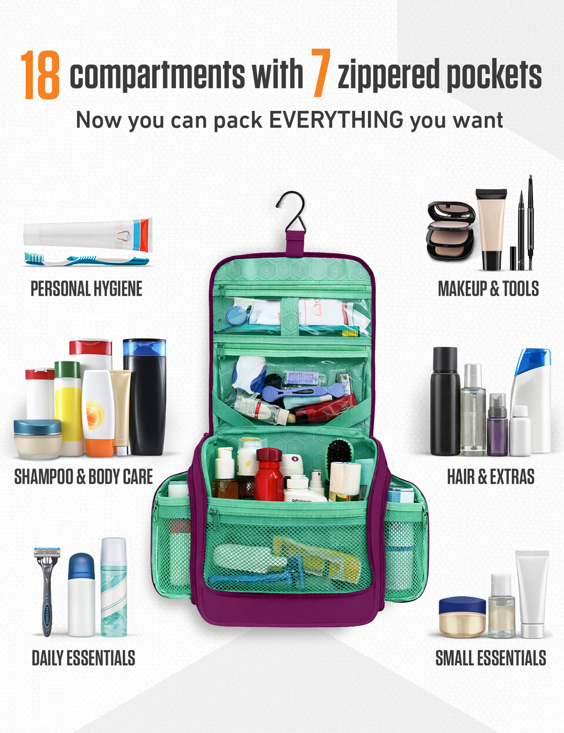 Hanging Travel Toiletry Bag | TSA-Ready, Water-Resistant with 360° Swivel Hook