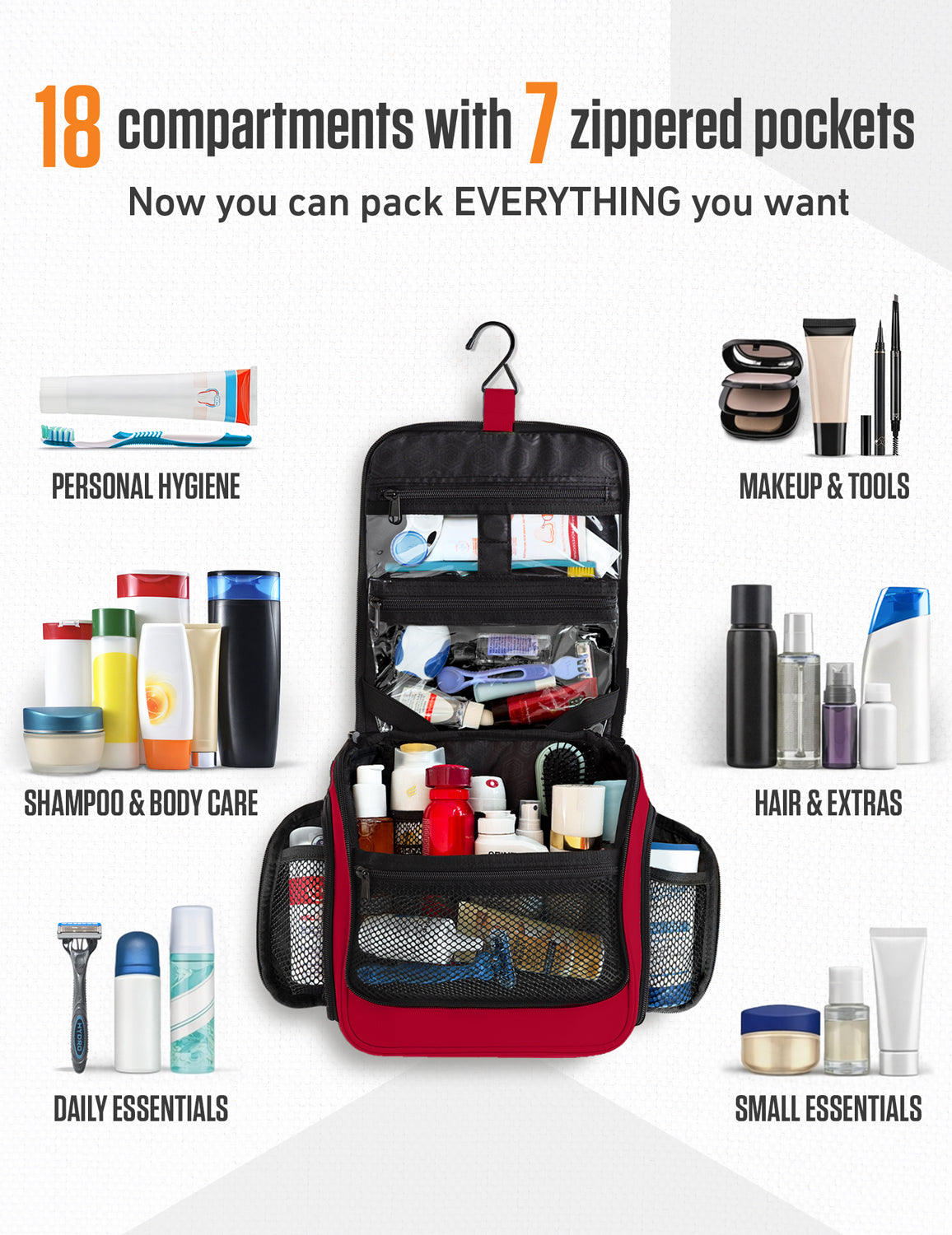 Hanging Travel Toiletry Bag | TSA-Ready, Water-Resistant with 360° Swivel Hook