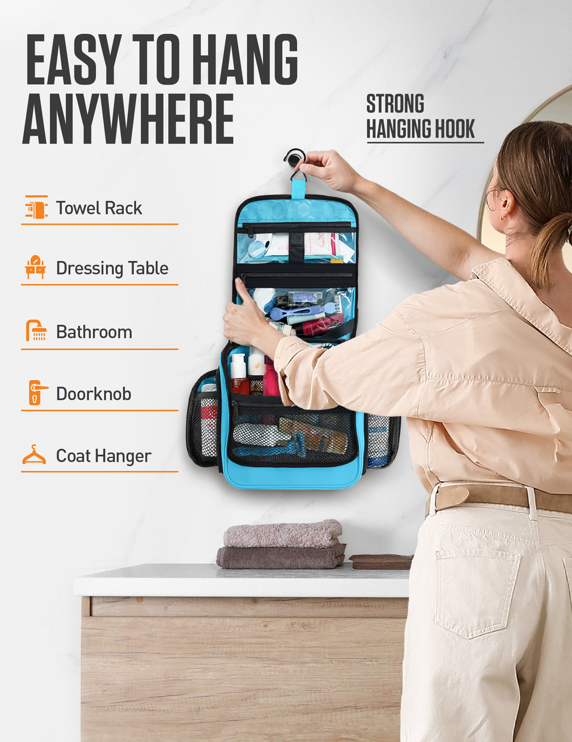 Hanging Travel Toiletry Bag | TSA-Ready, Water-Resistant with 360° Swivel Hook