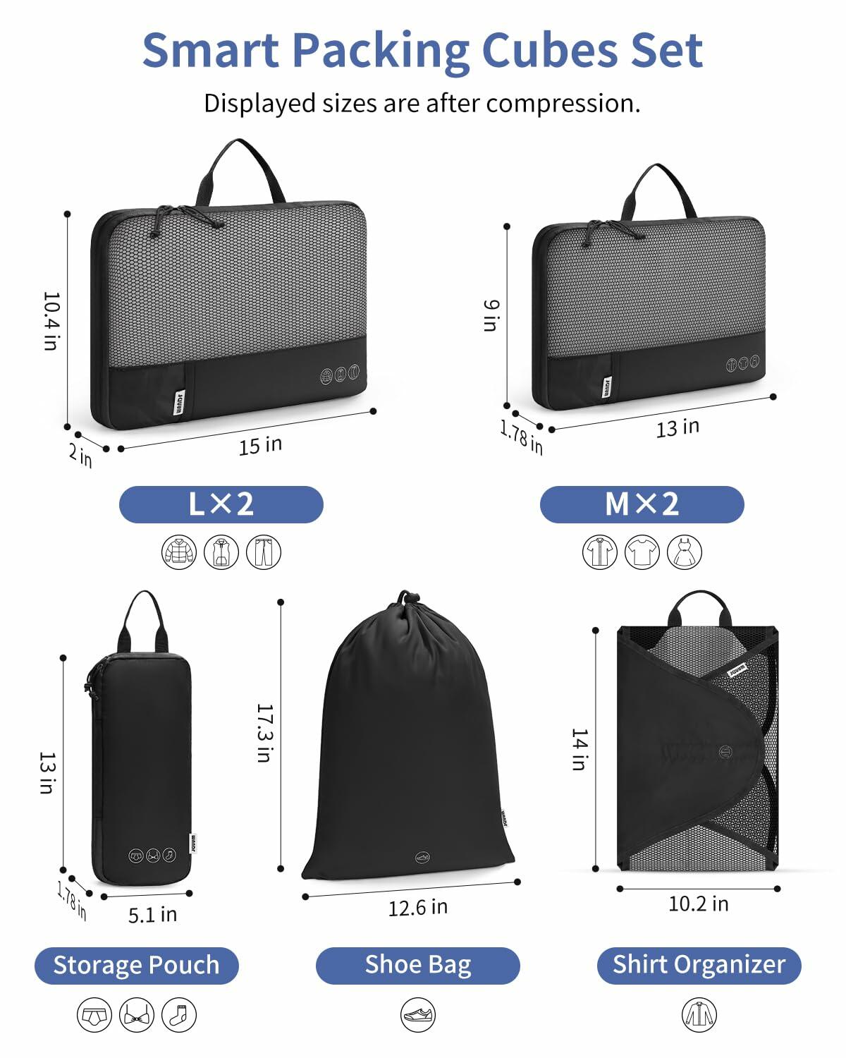 7-Piece Compression Packing Cubes Set | Carry-On Ready with Shirt Organizer & Shoe Bag